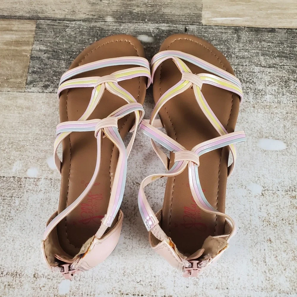 Jellypop Marita Kids Flat Sandals Sz 2 M Pastel Multi Leather Back Zip Open Toe